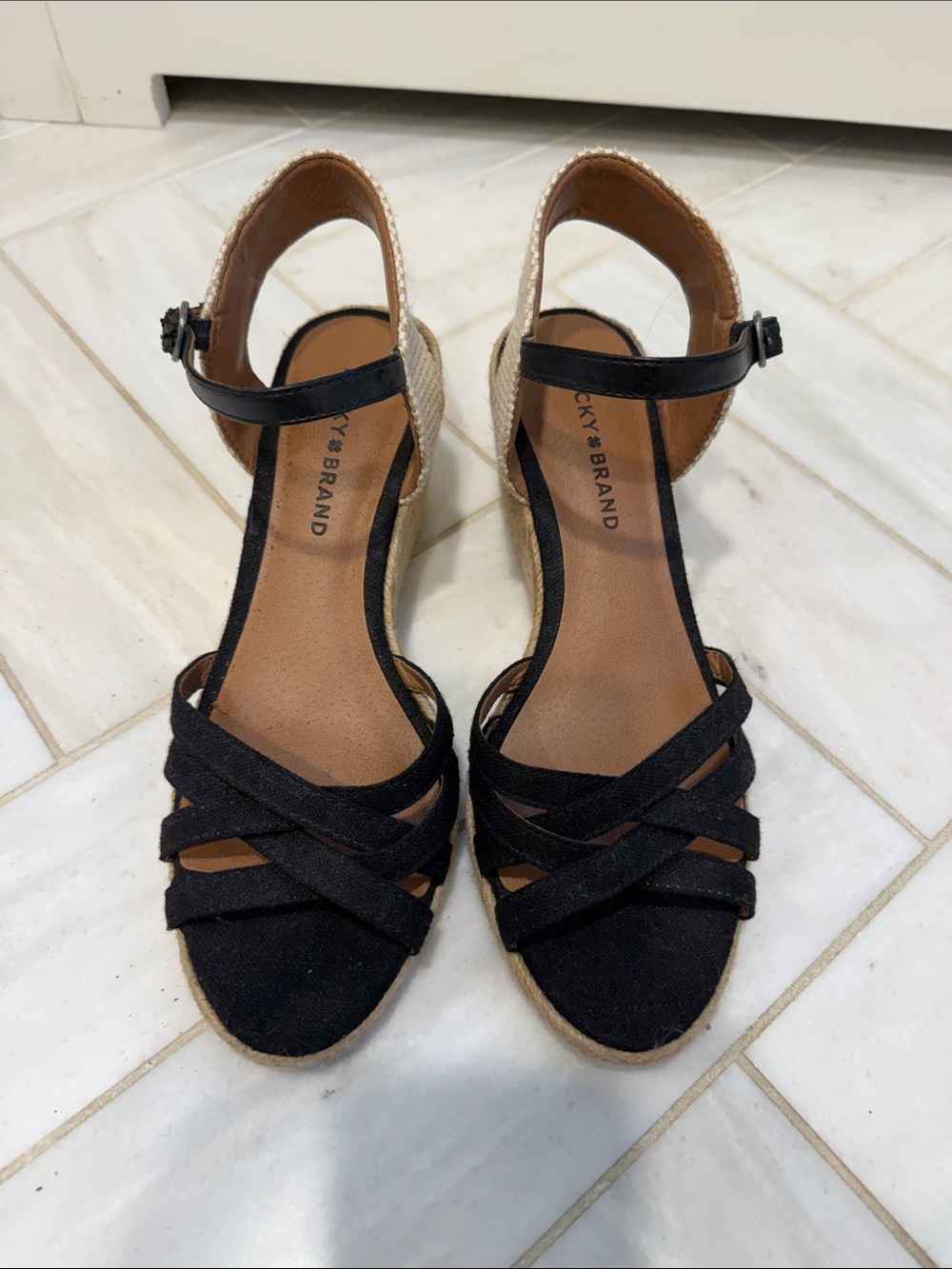 Lucky Brand Black Espadrille Wedge Sandals with Ankle Strap